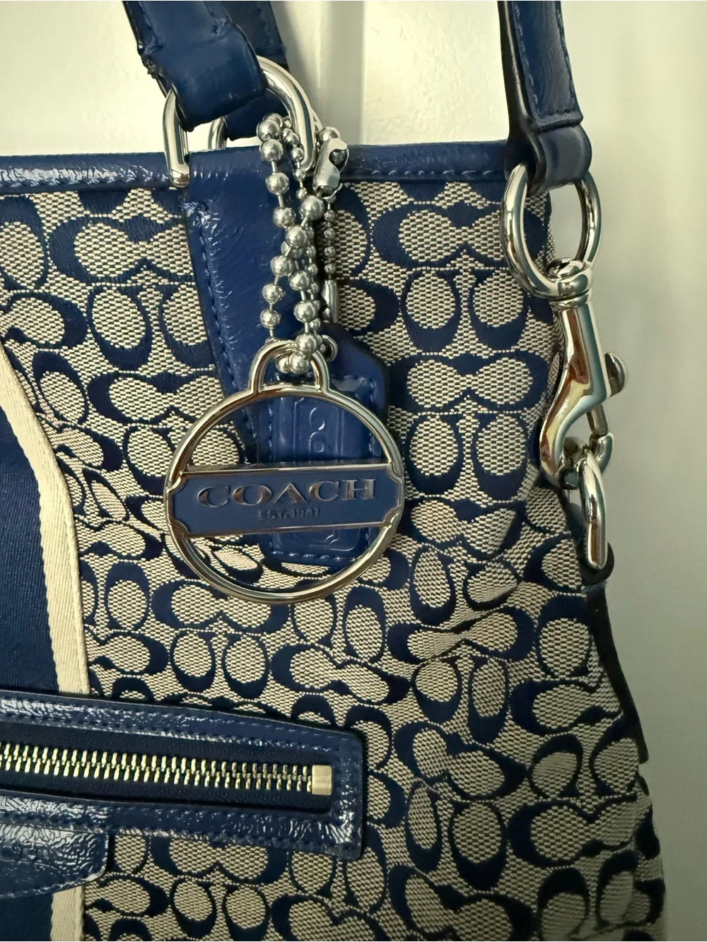 Coach Blue and Tan Signature Stripe Shoulder Bag